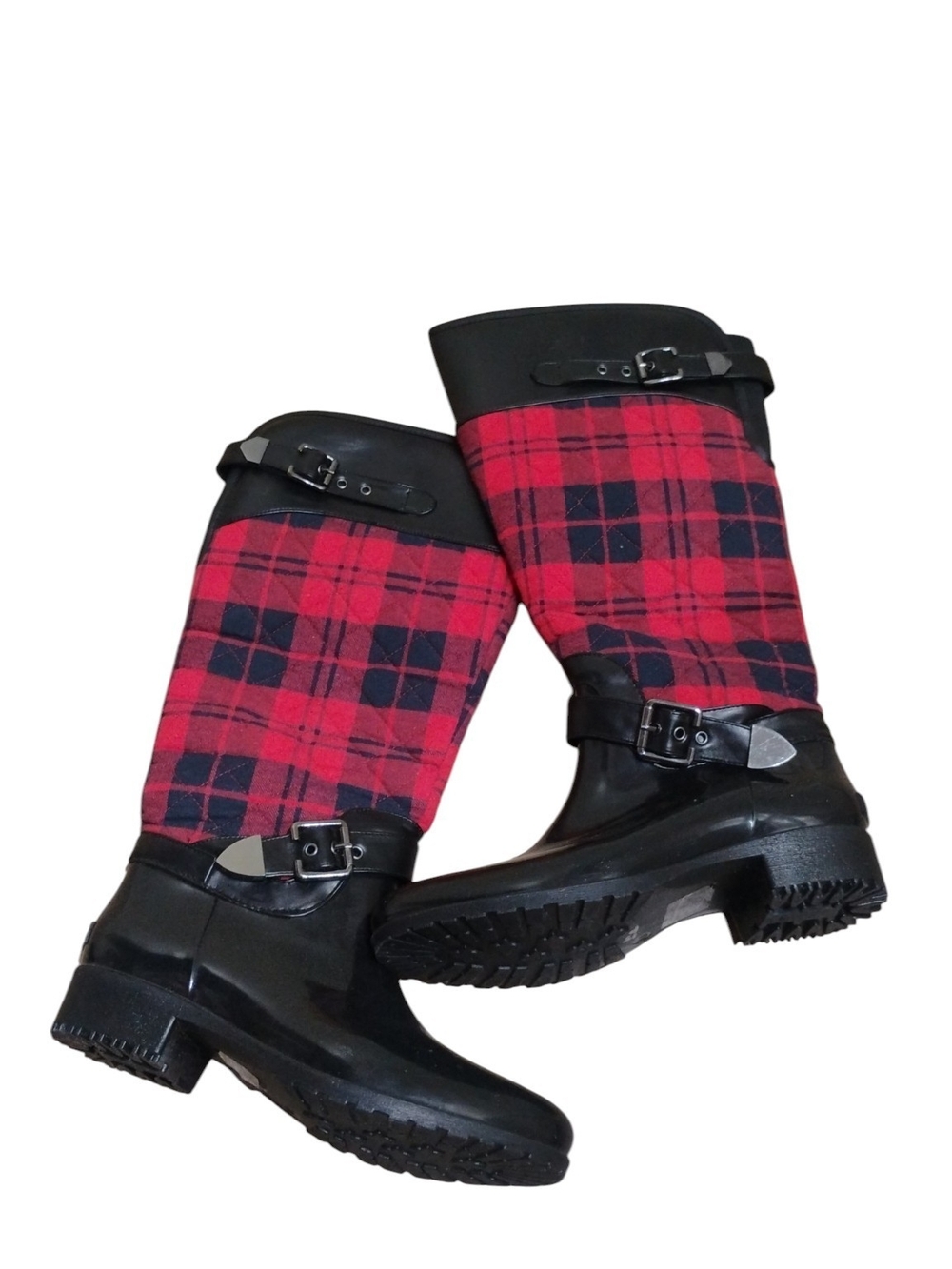 Charlie Paige Red Plaid Quilted Tall Rain Boots w Black Trim Size 10 - Picture 7 of 11